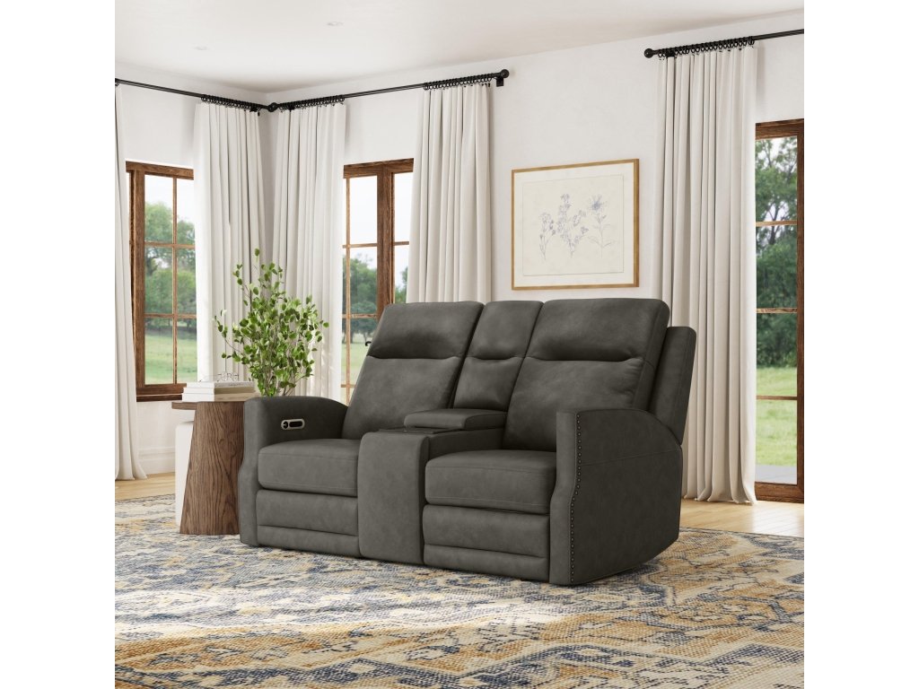 Maxwell Cinder Leather Power Reclining Loveseat with Console, Power Headrests and Lumbar - image 1