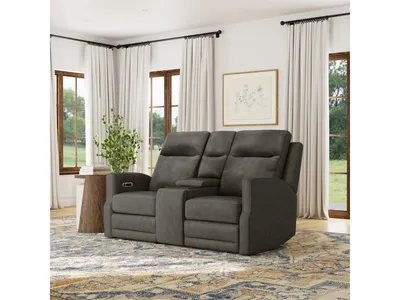 Maxwell Cinder Leather Power Reclining Loveseat with Console, Power Headrests and Lumbar