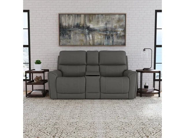 Carter Smoke Fabric Power Reclining Loveseat with Console & Power Headrests & Lumbar