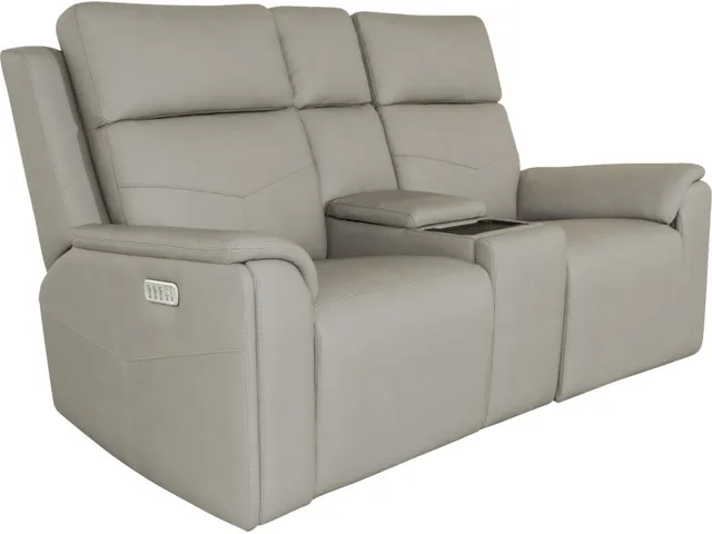 Vernon Dove Grey Fabric Power Reclining Loveseat with Console, Power Headrests, Lumbar, Heat & Massage
