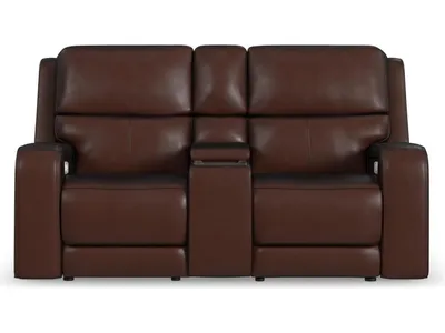 Oasis Truffle Leather Power Reclining Loveseat with Console, Power Headrests, Lumbar, Heat & Massage - Alternative View