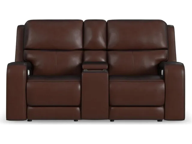 Oasis Truffle Leather Power Reclining Loveseat with Console, Power Headrests, Lumbar, Heat & Massage