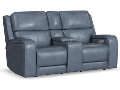 Oasis Storm Leather Power Reclining Loveseat with Console, Power Headrests, Lumbar, Heat & Massage