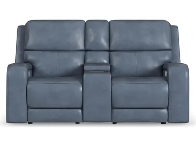 Oasis Storm Leather Power Reclining Loveseat with Console, Power Headrests, Lumbar, Heat & Massage