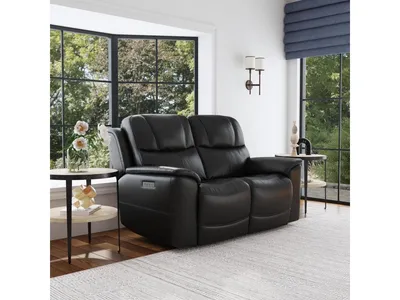 Crew Raven Leather Power Reclining Loveseat with Power Headrests & Lumbar