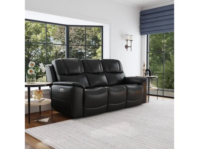 Crew Raven Leather Power Reclining Sofa with Power Headrests & Lumbar