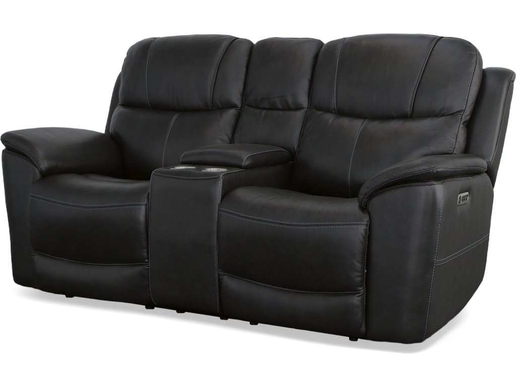 Crew Raven Leather Power Reclining Loveseat with Console, Power Headrests & Lumbar - main image