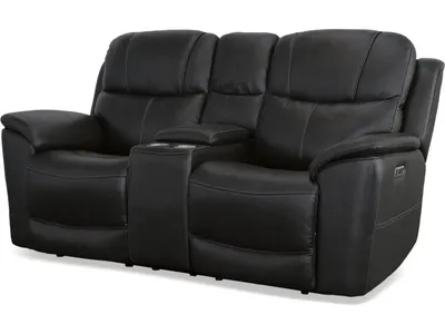 Crew Raven Leather Power Reclining Loveseat with Console, Power Headrests & Lumbar