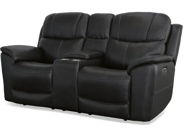Crew Raven Leather Power Reclining Loveseat with Console, Power Headrests & Lumbar