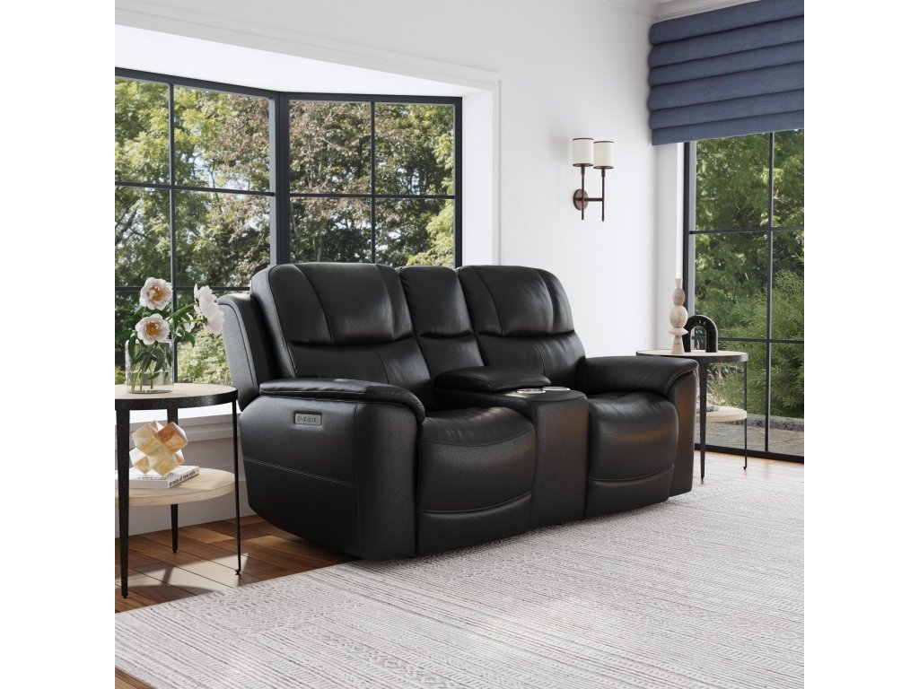Crew Raven Leather Power Reclining Loveseat with Console, Power Headrests & Lumbar - image 1