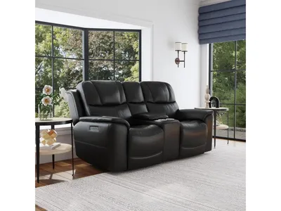 Crew Raven Leather Power Reclining Loveseat with Console, Power Headrests & Lumbar
