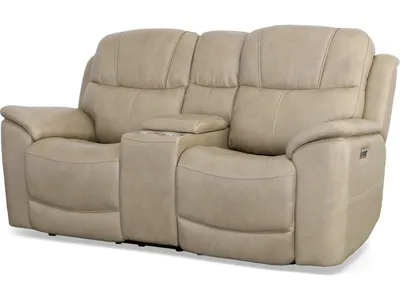 Crew Pebble Leather Power Reclining Loveseat with Console, Power Headrests & Lumbar