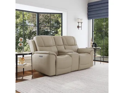 Crew Pebble Leather Power Reclining Loveseat with Console, Power Headrests & Lumbar