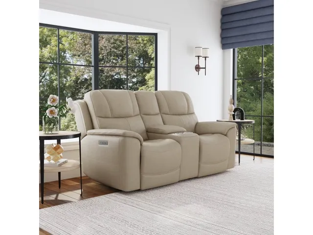Crew Pebble Leather Power Reclining Loveseat with Console, Power Headrests & Lumbar