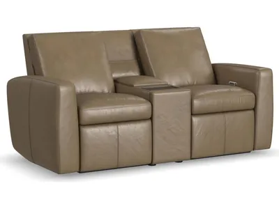 Aria Fawn Leather Power Reclining Loveseat with Console