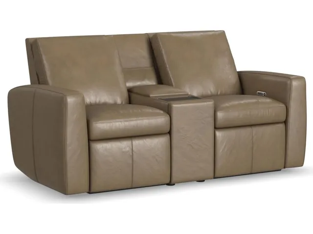 Aria Fawn Leather Power Reclining Loveseat with Console
