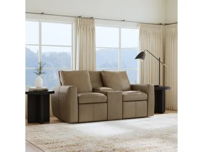 Aria Fawn Leather Power Reclining Loveseat with Console