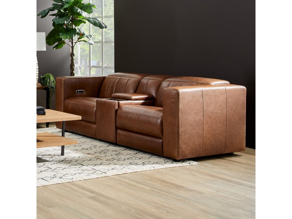 Austin Chestnut Leather Power Reclining Loveseat with Console and Power Headrests - image 1