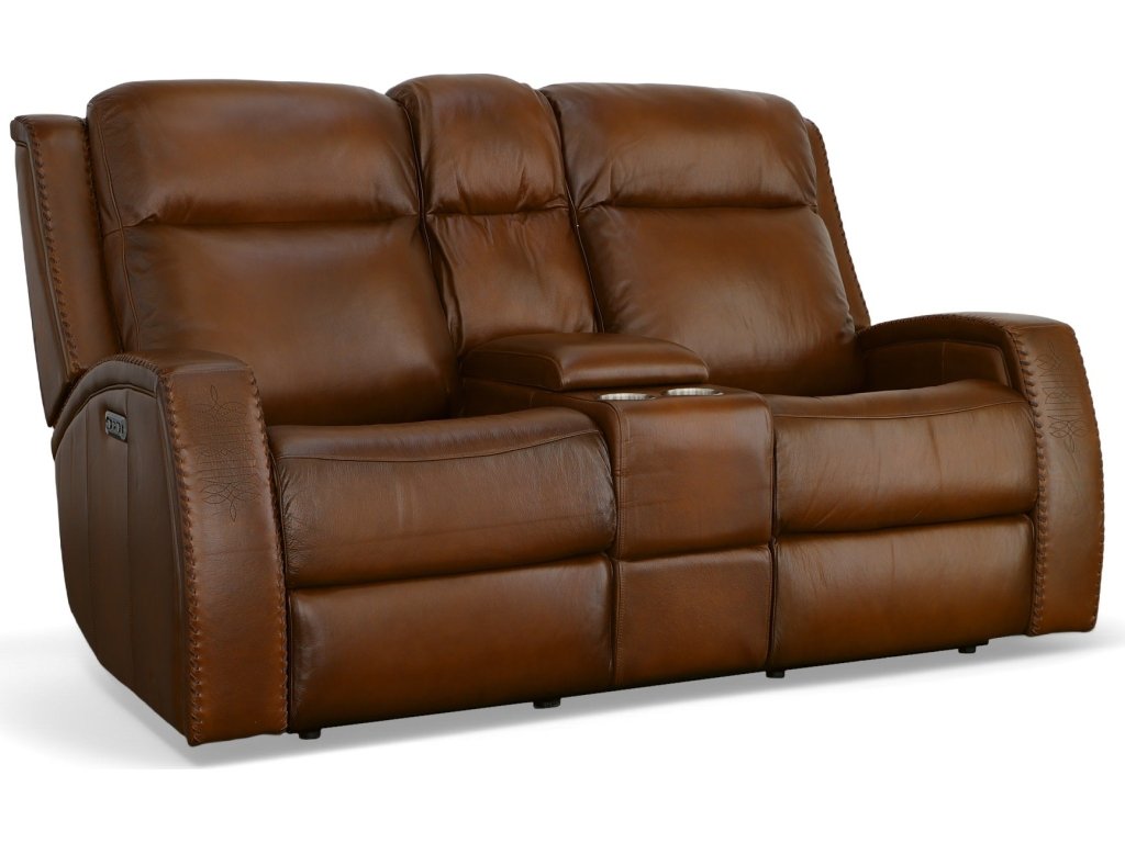 Mustang Rust Leather Power Loveseat with Console with Power Headrest - main image