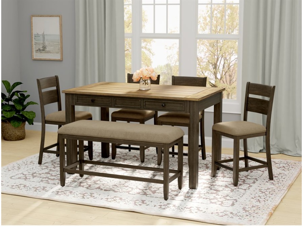 6Pc Set - Gathering Table W /  4 Chairs & Bench, Brown - image 1