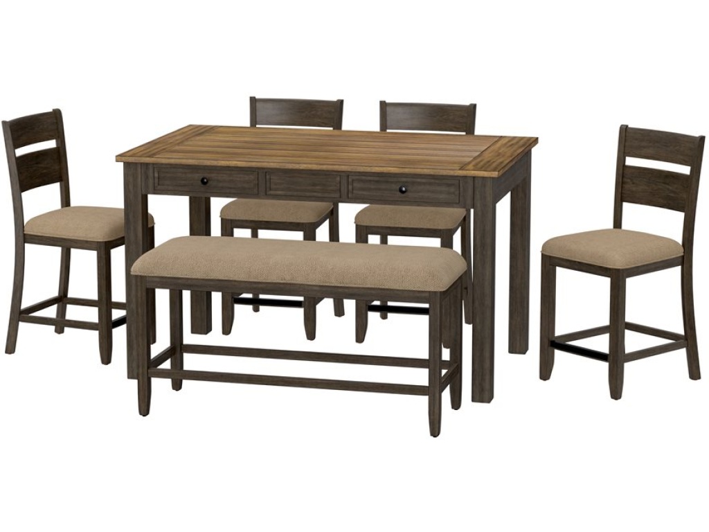 6Pc Set - Gathering Table W /  4 Chairs & Bench, Brown - main image