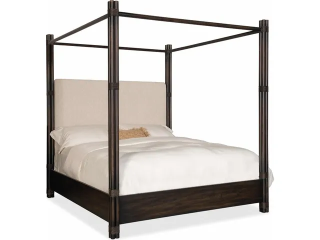 Retreat Pole Rattan King Upholstered Poster Bed w/Canopy
