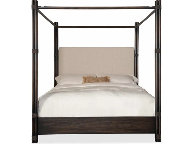 Retreat Pole Rattan King Upholstered Poster Bed w/Canopy