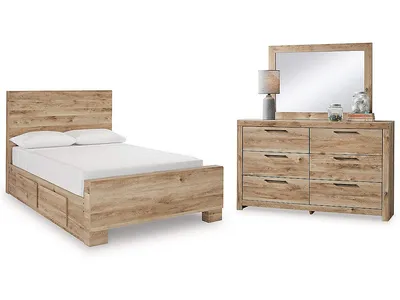 Hyanna Full Panel Bed with 2 Side Storage, Dresser and Mirror