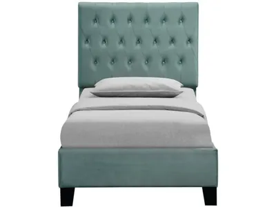 Twin Upholstered Headboard-Footboard-Rails-Light Blue