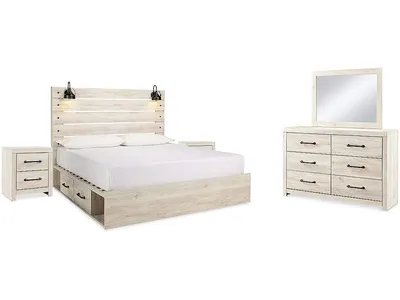 Cambeck King Panel Bed with 2 Side Storage, Dresser, Mirror, and Nightstand