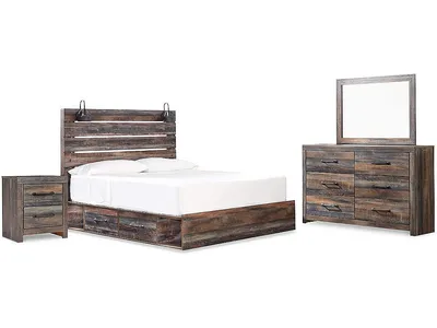 Drystan Queen Panel Bed with Storage, Dresser and Mirror