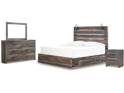 Drystan King Panel Bed with Storage, Dresser, Mirror and Nightstand