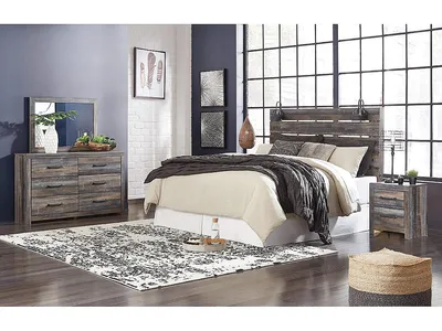 Drystan King Panel Headboard with Metal Frame, Dresser, Mirror, and Nightstand
