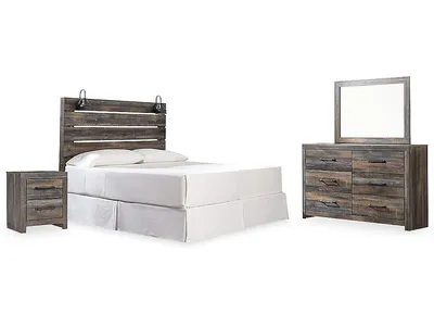 Drystan King Panel Headboard with Metal Frame, Dresser, Mirror, and Nightstand