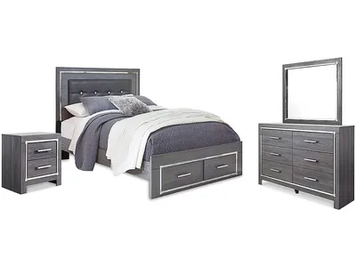 Lodanna Queen Upholstered Panel Storage Bed, Dresser, Mirror, and Nightstand