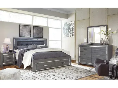 Lodanna King Upholstered Storage Bed, Dresser, Mirror, and Nightstand