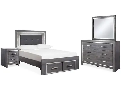 Lodanna Full Upholstered Panel Storage Bed, Dresser, Mirror, and Nightstand