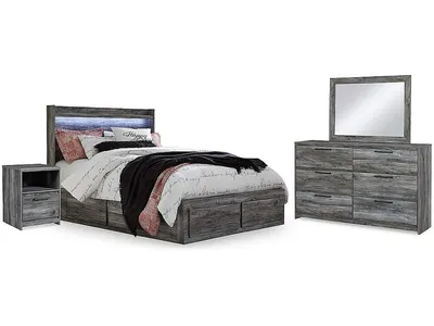 Baystorm Queen Panel Bed with 2 Side Storage, Dresser, Mirror, and Nightstand