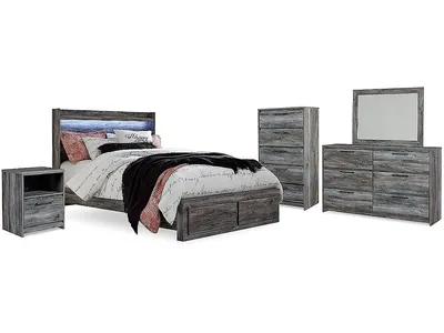 Baystorm Queen Panel Storage Bed, Dresser, Mirror, Chest and 2 Nightstands