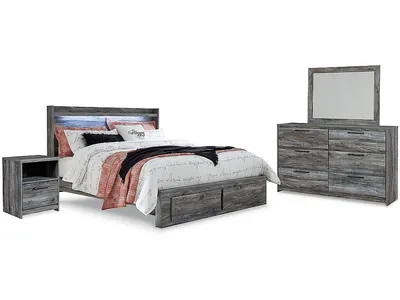 Baystorm King Panel Storage Bed with Mirrored Dresser and Nightstand