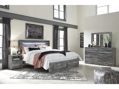 Baystorm King Panel Storage Bed with Mirrored Dresser and Nightstand