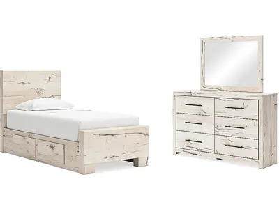 Lawroy Twin Panel Bed with Storage, Dresser and Mirror