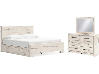Lawroy King Panel Bed with Storage, Dresser and Mirror
