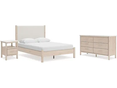 Cadmori Queen Upholstered Panel Bed, Dresser and Nightstand