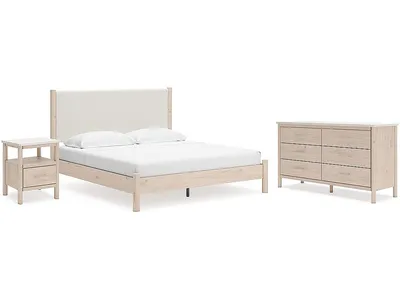 Cadmori King Upholstered Panel Bed, Dresser and Nightstand