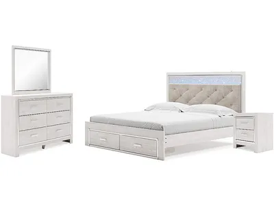 Altyra King Upholstered Panel Storage Bed, Dresser, Mirror and Nightstand