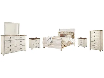 Willowton Queen Sleigh Bed, Dresser, Mirror, Chest and 2 Nightstands