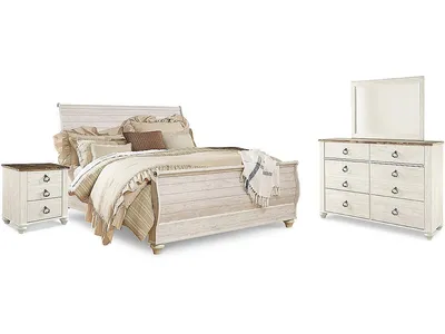 Willowton King Sleigh Bed, Dresser, Mirror and 2 Nightstands
