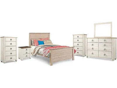 Willowton Full Panel Bed, Dresser, Mirror, 2 Chests and nightstand