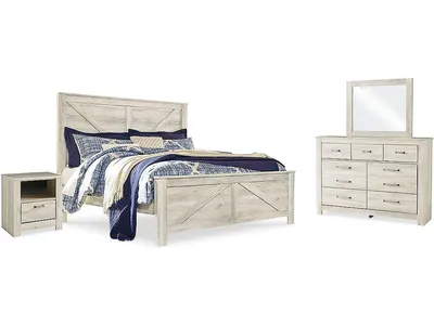 Bellaby King Crossbuck Panel Bed, Dresser, Mirror, and Nightstand